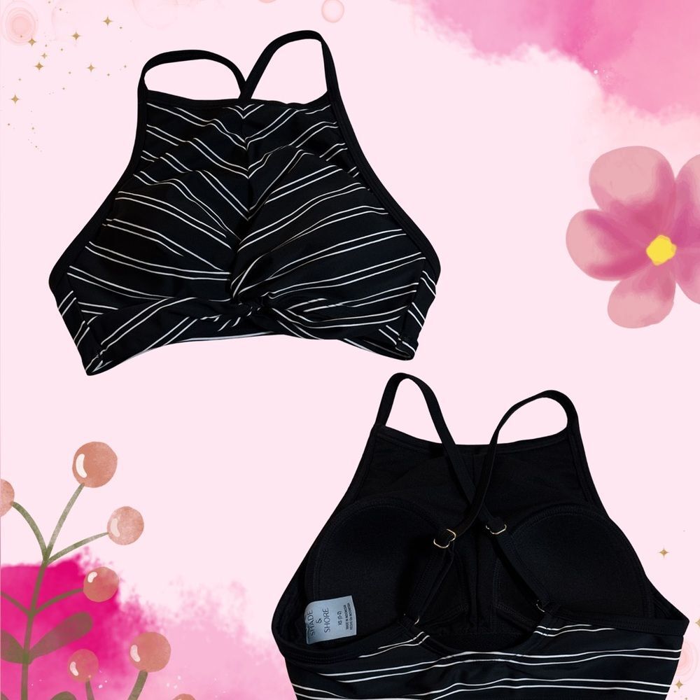 Shade & Shore Black and White Striped High-Neck Bralette